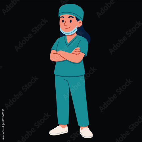 Confident female healthcare professional in teal scrubs and surgical cap, arms crossed, ready to work.
