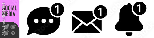 Set of notification icons for email, bell, and chat message with red alert or notification badge (number one). Perfect for new messages, alerts, and updates, social media, communication icons