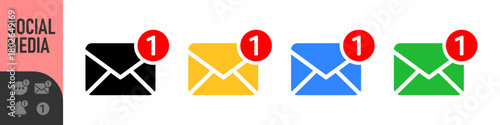 Set of notification icons for email, bell, and chat message with red alert or notification badge (number one). Perfect for new messages, alerts, and updates, social media, communication icons