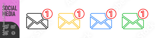 Set of notification icons for email, bell, and chat message with red alert or notification badge (number one). Perfect for new messages, alerts, and updates, social media, communication icons