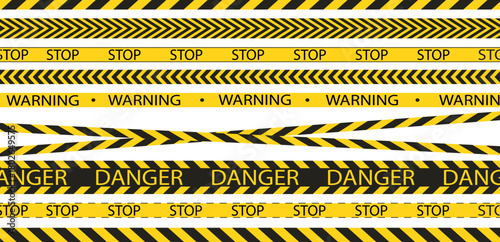 Hazard Warning Tape Collection Yellow and Black Diagonal Stripes with Danger and Stop Text for Safety Signage and Restricted Area Markings