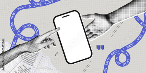 Trendy Halftone Collage Phone with Breaking news. Smartphone white space screen for media and journalism. Online reading news. Social media browsing. Contemporary vector art illustration