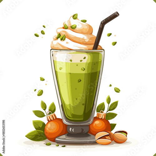 Vector illustration of a tall glass of pistachio milkshake with whipped cream, straw, nuts, isolated on a white background. Vector illustration of cold beverage on white background