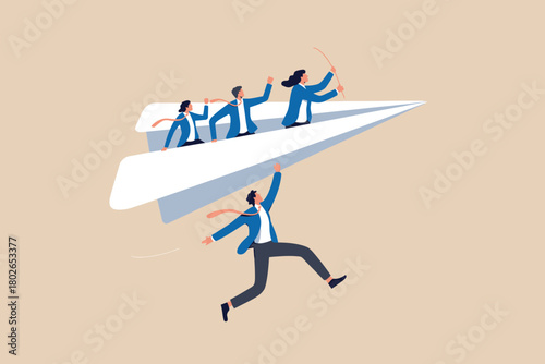 Business team on paper airplane, leadership and ambition concept