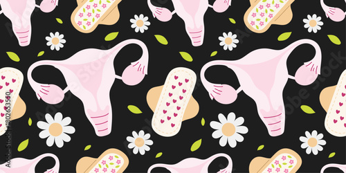 Menstrual health pattern with pink uterus illustrations, decorative sanitary pads with hearts and floral motifs, white daisies and green leaves on a dark background. Feminine design.