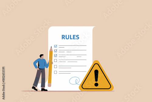 Man with pencil checks rules, warning sign signifies compliance