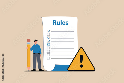 Man checking rules checklist with warning sign, compliance concept