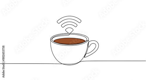 Coffee cup with Wi-Fi signal continuous line drawing filled with brown, relaxed mood, digital nomad and café workplace concept, with copy space