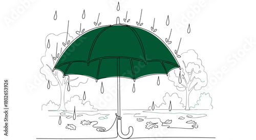 Umbrella in dark green, rainy autumn day, symbolizing protection and cozy mood