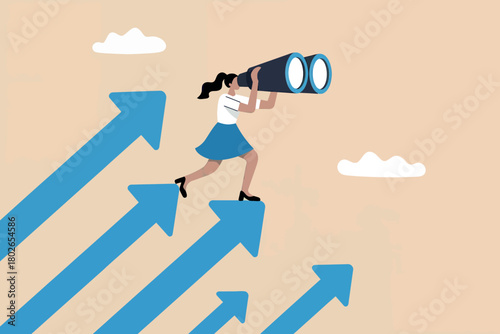 Businesswoman steps up, looking through binoculars for future