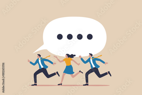 Business people running towards speech bubble with ellipsis symbol