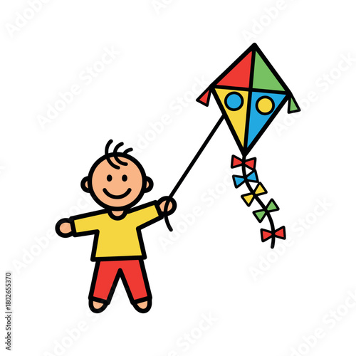 A cute and joyful cartoon child or boy wearing brightly colored clothes while playing outdoors and flying a vibrant diamond-shaped kite