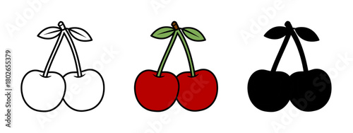 Cherries Presentation with Outline, Color, and Silhouette Graphic Icons