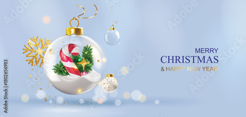 Christmas greeting card. 3D Gift boxes with golden bows and glitter confetti inside a snow globe. Gold baubles. New Year background, Xmas holiday poster, banner, flyer. 3D Vector illustration.