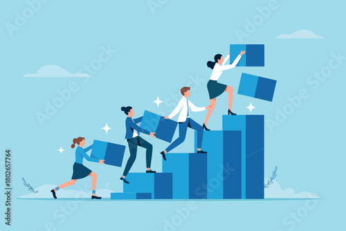 Business team building growth bar chart, collaboration, progress.