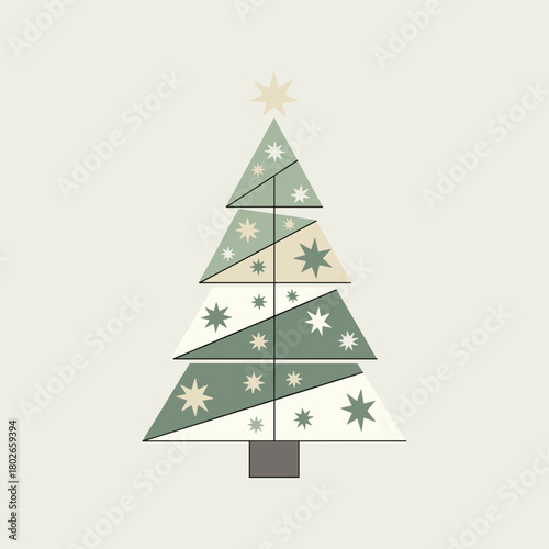 Scandinavian geometric Christmas tree with stars clean flat vector design in muted palette, calm festive mood, minimalist holiday symbol