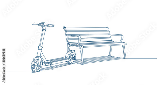 Shared scooter and bench minimalistic single line drawing filled with corporate blue, modern mood, urban sharing economy concept, with copy space