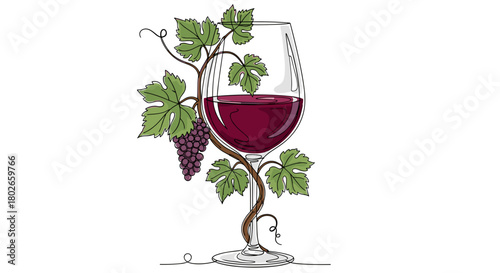 Wine glass with grapevine one line drawing filled with burgundy red, refined mood, terroir and craft natural wine concept, with copy space
