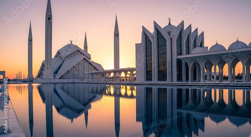 Modern islamic architecture of faisal mosque in islamabad at sunset