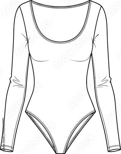 Long sleeve bodysuit technical sketch, fashion flat drawing, garment design template, apparel vector outline, casual wear illustration, stock image, scoop necklineLong sleeve bodysuit technical sketch