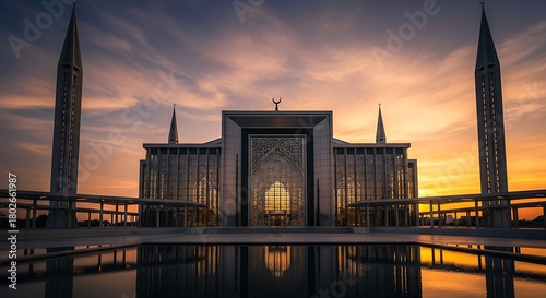 Federal territory mosque in putrajaya, malaysia at sunset with reflection