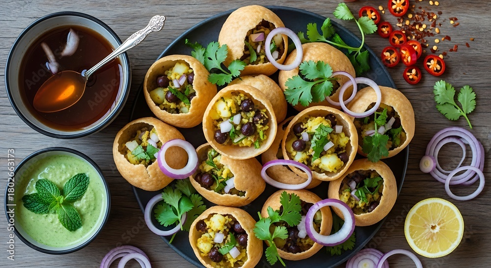 Fototapeta premium Delicious pani puri served in a plate with mint chutney and tamarind water