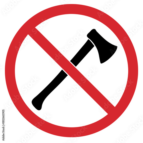 No axes allowed sign in red circle on white background