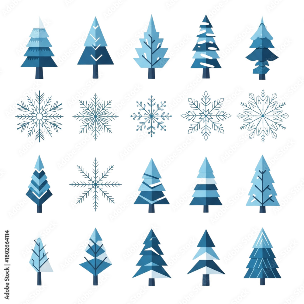 Obraz premium Winter Trees and Snowflakes Decorative Vector Set, Minimal Seasonal Elements, Isolated PNG