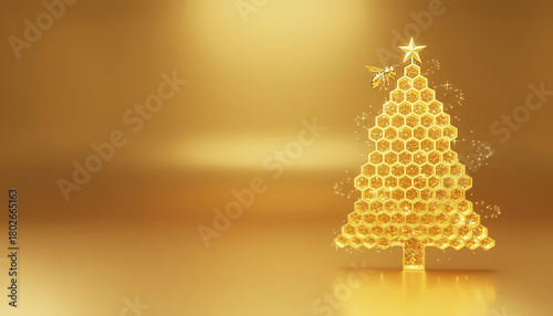 A golden honeycomb-shaped Christmas tree with a star and a bee on a gold background. Christmas and New Year concept.