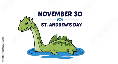 Celebrate St. Andrew's Day on November 30th with a Loch Ness Monster themed design, ideal for event promotion and Scottish culture materials