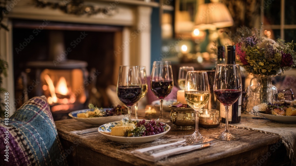 Fototapeta premium Cozy Dinner Setting by the Fireplace With Delicious Food and Fine Glasses of Wine for a Warm Evening Experience