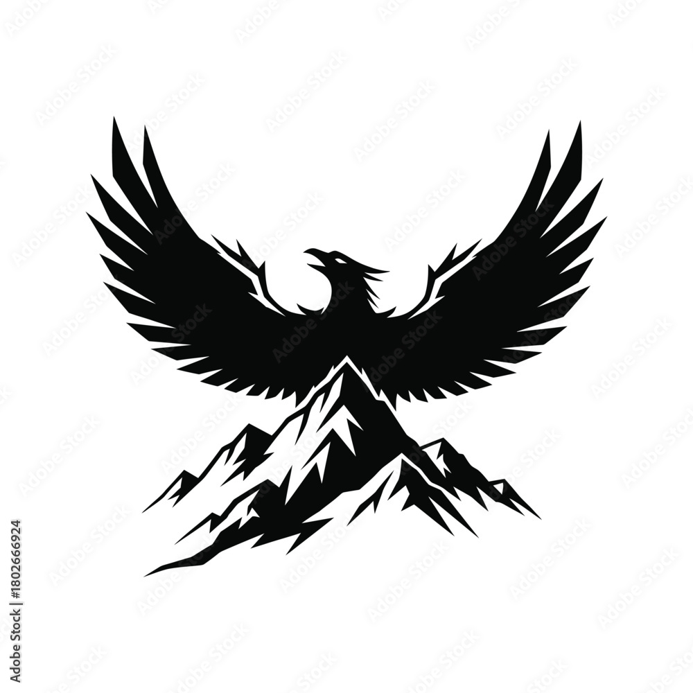 Obraz premium Stylized Bird Flying Over Mountain Peaks Vector Art