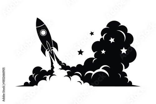 Rocket Launching With Smoke And Stars Space Icon