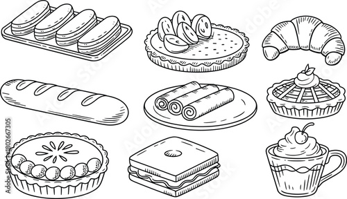 Dessert and pastry silhouette set, eclairs, tarts, crepes, bread, whipped cream, black line art, flat vector illustration