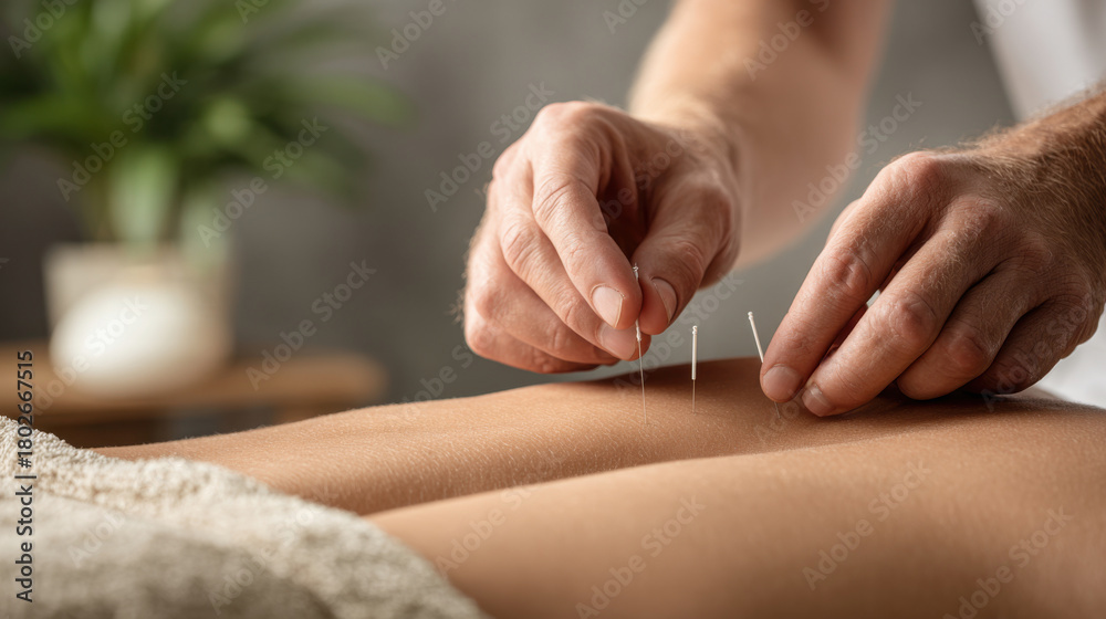 Obraz premium Acupuncture and Energy Flow Balancing Treatment in Clean Contemporary Wellness Environment