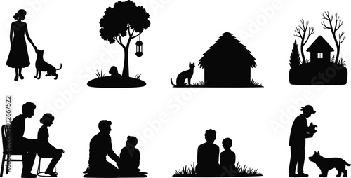 Silhouettes of people and animals, nature interaction scenes, peaceful outdoor moments, black vector art, flat vector illustration