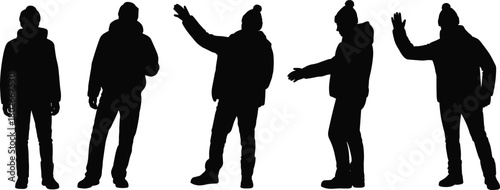 Winter clothing silhouette, person in multiple poses, jacket and hat, black vector art, gesture study, flat vector illustration