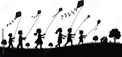 Children flying kites silhouette, outdoor fun, grassy hill, joyful activity, black vector art, nature scene, flat vector illustration