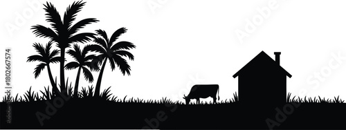 Cow grazing near house, palm trees, rural landscape silhouette, black vector art, peaceful nature scene, flat vector illustration