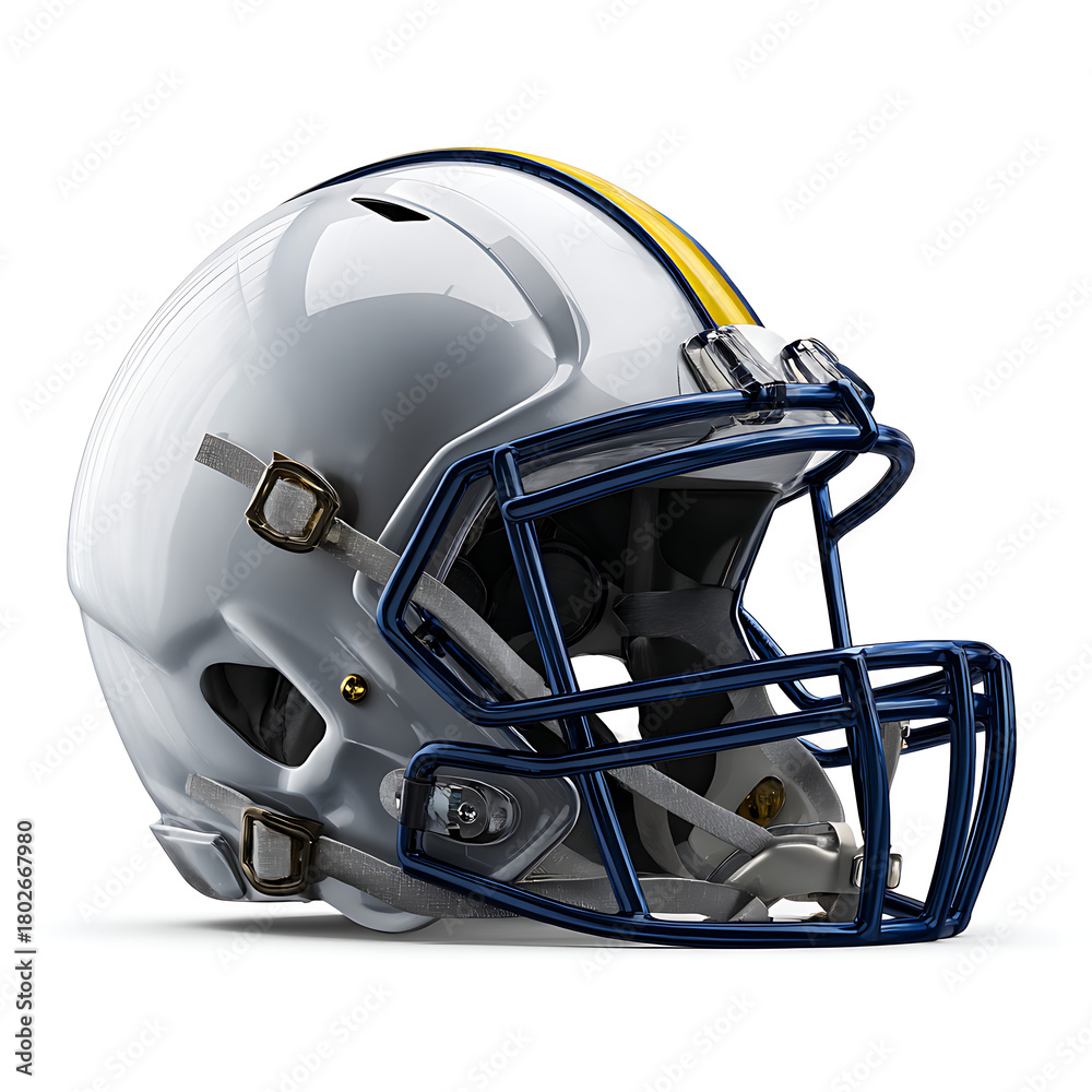 Fototapeta premium Blue and red American football helmet isolated on a white background for sport protection and safety gear