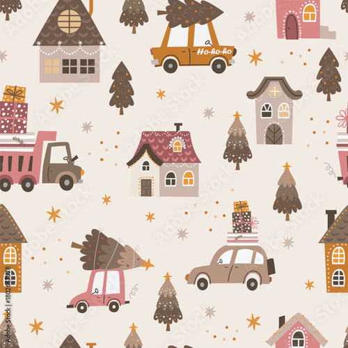 Vector Christmas seamless pattern with houses, cars and gifts. Perfect for Christmas paper, fabric and gift designs