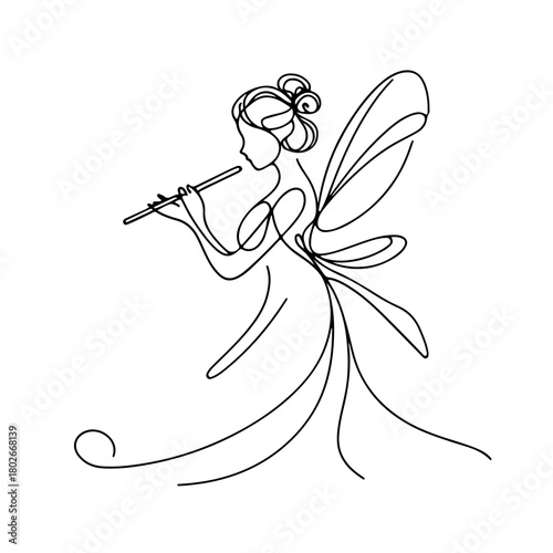 Fairy playing flute single line illustration