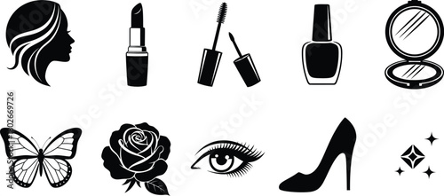 Collection of black silhouette icons representing beauty fashion and femininity