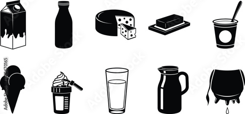 Collection of hand drawn black and white dairy products and drinks in a simple illustration style