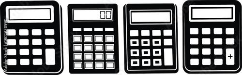 Calculator icons set – four black silhouette calculators, simple keypad display symbols for math, accounting vector
