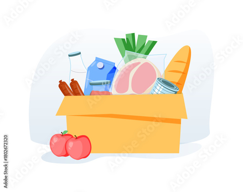 Food drive charity concept. Box with natural and organic products. Online shopping and fast delivery, transportation