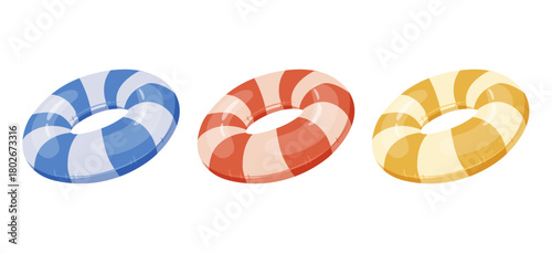 Inflatable swimming rings in red, yellow and blue shown as bright cartoon icons. Colorful rubber toy vector illustration