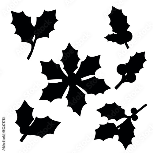 A versatile set of holly leaf and berry silhouettes. This collection includes various compositions, such as individual leaves, branches with berries, and a star-shaped cluster of leaves, perfect as gr