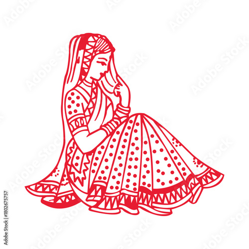 Beautiful Girl Wedding Bride in Red Saree Vector .ai