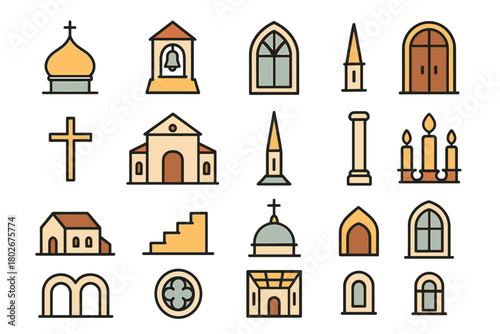 A set of 24 flat-filled icons in a warm beige-brown palette depicting various architectural elements of Christian churches and temples.